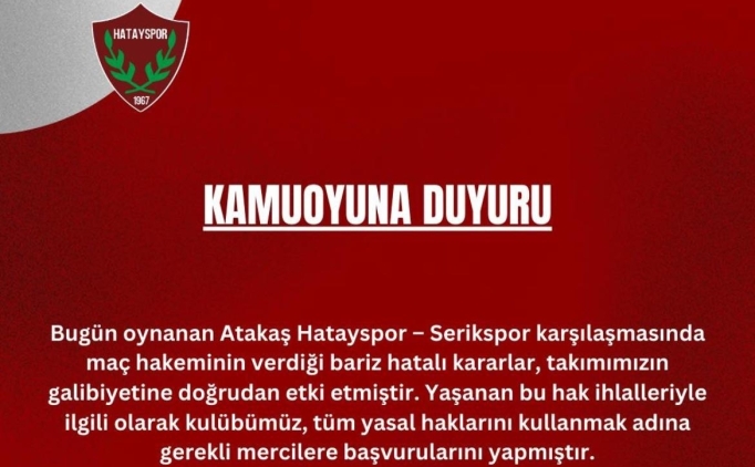 Hatayspor'dan hakem kararlar�na tepki